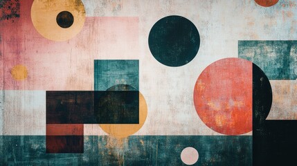 Poster - Geometric shapes in various sizes and colors floating on a textured background, modern and stylish