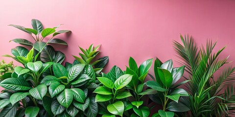 Canvas Print - Vibrant green leafy plants set against a soft pink backdrop