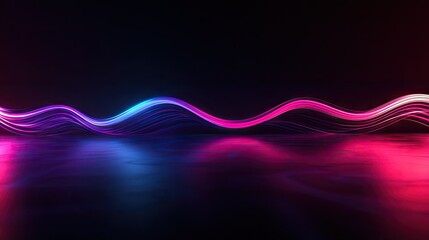 Poster - Glowing 3D neon wave with a dark background, reflected on a glossy floor, creating a striking visual effect for wallpapers and web use