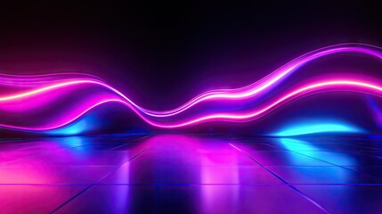 Poster - Glowing 3D neon wave with a dark background, reflected on a glossy floor, creating a striking visual effect for wallpapers and web use