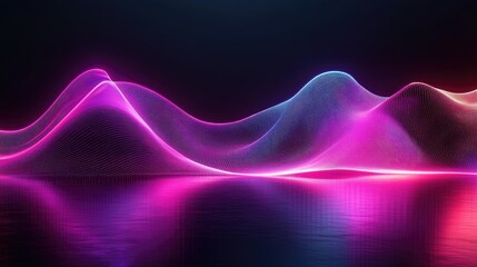 Poster - Glowing 3D neon wave with a dark background, reflected on a glossy floor, creating a striking visual effect for wallpapers and web use