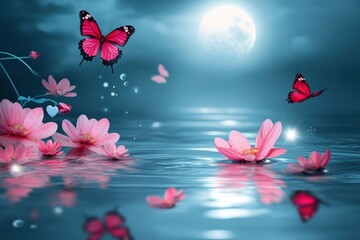 enchanting night sky with a full moon illuminating pink flowers and butterflies over tranquil water