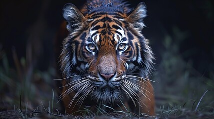 Wall Mural - powerful sumatran tiger prowling towards the camera, proud predator in wild forest habitat, closeup 