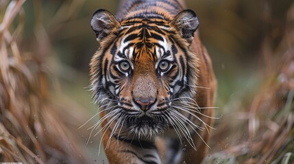 Wall Mural - proud sumatran tiger prowling in its natural habitat, majestic big cat walking towards the camera, w