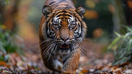 Wall Mural - majestic sumatran tiger prowling towards the camera, proud and powerful predator in the wild, wildli