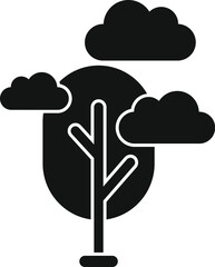 Poster - black silhouette of a tree with round crown growing under stylized clouds