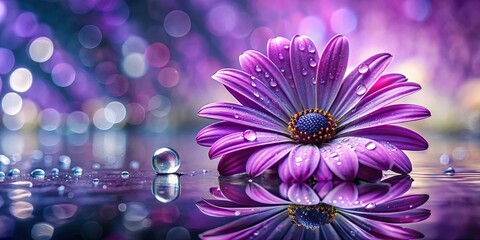 Wall Mural - Close-up of a purple flower with glistening dewdrops on petals and blurred water droplet backdrop