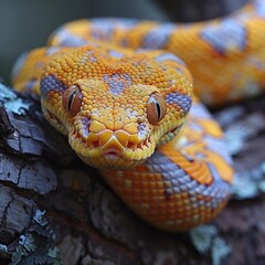 Wall Mural - closeup of python snake on tree in jungle, wild reptile in tropical forest habitat, wildlife predato
