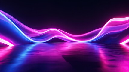 Aufkleber - Illuminated 3D neon wave against a dark backdrop, with an eye-catching reflection on a glossy floor, ideal for digital backgrounds.