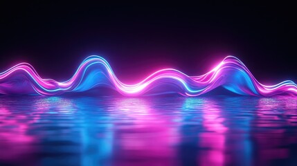 Aufkleber - Illuminated 3D neon wave against a dark backdrop, with an eye-catching reflection on a glossy floor, ideal for digital backgrounds.