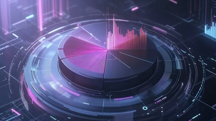 Poster - Interactive 3D pie chart with floating labels and percentages, digital interface elements surrounding it