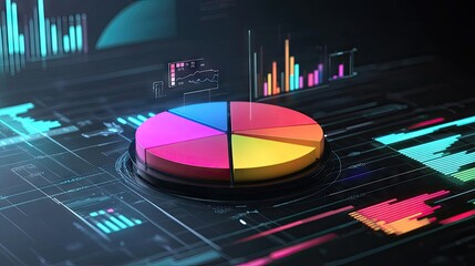 Poster - Interactive 3D pie chart with floating labels and percentages, digital interface elements surrounding it