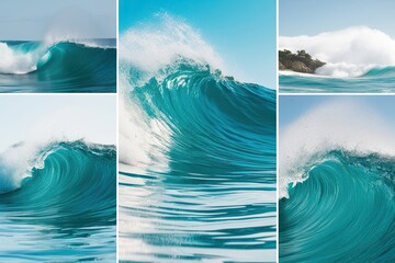 Wall Mural - Vibrant Turquoise Wave Burst Collage with Dynamic Motion and Clear Imagery