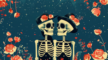 Illustration of two skeletons in love surrounded by roses.