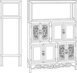 Poster - Vector sketch illustration of the silhouette of a furniture design, table, chair, cupboard, full of ornate ornaments, vintage classic ethnic traditional Chinese carvings