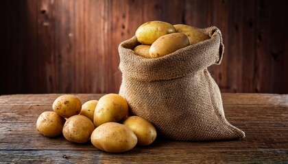 Wall Mural - Fresh Potatoes in Burlap Sack on Wooden Table - Selective Focus
