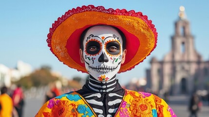 Group of people in skeleton face paint and traditional Mexican clothing, marching in a lively parade under a clear night sky, Day of the Dead, Tradition