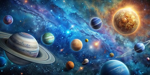 Wall Mural - Stylized planetary bodies entwined in a cosmic tapestry, illustrating a captivating gravitational dance