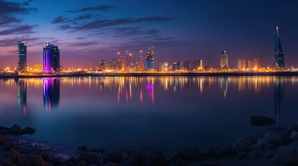 Poster - Manama city lights illuminating the night sky, with Bahrain Bay reflecting the stunning skyline in a peaceful night scene.