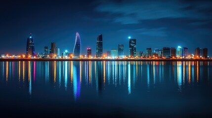 Poster - Manama city lights illuminating the night sky, with Bahrain Bay reflecting the stunning skyline in a peaceful night scene.