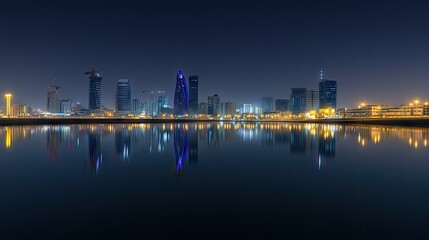 Poster - Manama city lights illuminating the night sky, with Bahrain Bay reflecting the stunning skyline in a peaceful night scene.