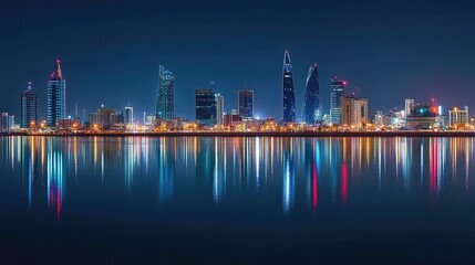 Poster - Manama's skyline glowing under the night sky, with Bahrain Bay reflecting the lights, showcasing the city modern architecture.