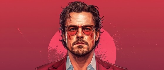 Wall Mural -  A tight shot of an individual in a red jacket and sunglasses against a solid red backdrop, encircled by a pink circle