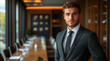 8. Stylish half-body photo of a young man in a business suit, with a tie slightly askew, casually leaning against a conference room table in a sophisticated office