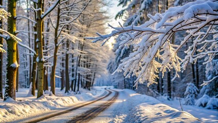 Sticker - A snow-covered tree branch in a tranquil winter forest setting surrounded by a road and additional trees in the distance