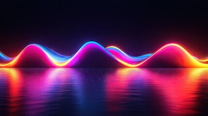 Poster - Neon wave 3D design glowing against a dark backdrop, with a vibrant reflection on a reflective floor, ideal for wallpapers and covers.