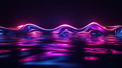 Poster - Neon wave 3D design glowing against a dark backdrop, with a vibrant reflection on a reflective floor, ideal for wallpapers and covers.