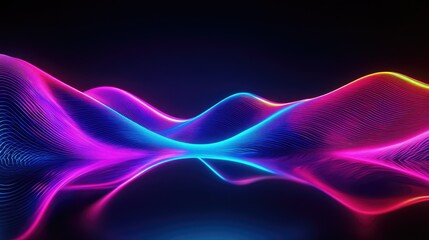 Poster - Neon wave 3D design glowing against a dark backdrop, with a vibrant reflection on a reflective floor, ideal for wallpapers and covers.