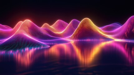 Poster - Neon wave 3D design glowing against a dark backdrop, with a vibrant reflection on a reflective floor, ideal for wallpapers and covers.
