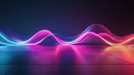 Fototapete - Neon wave 3D render with glowing colors against a dark backdrop, reflected beautifully on a sleek floor surface.