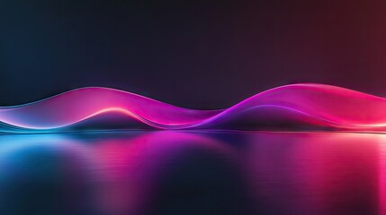 Fototapete - Neon wave 3D render with glowing colors against a dark backdrop, reflected beautifully on a sleek floor surface.