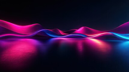 Fototapete - Neon wave 3D render with glowing lights in dark space, reflected beautifully on a smooth floor, suitable for modern wallpaper designs. --