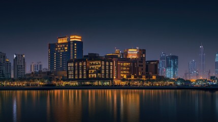 Poster - Night view of Festival City in Dubai, showcasing the illuminated Hotel Crowne Plaza and Hotel Intercontinental against the city skyline. -