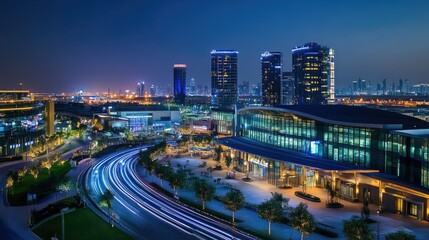 Poster - Night view of Festival City in Dubai, showcasing the illuminated Hotel Crowne Plaza and Hotel Intercontinental against the city skyline. -