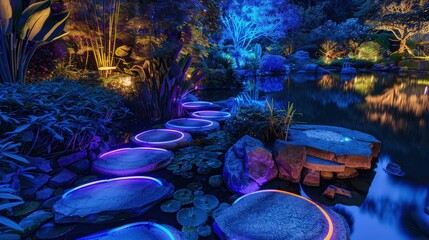 Wall Mural - A serene garden at night where the path is lined with neon-lit stones in shades of blue and purple, leading to a naturally lit pond.