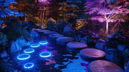 Wall Mural - A serene garden at night where the path is lined with neon-lit stones in shades of blue and purple, leading to a naturally lit pond.