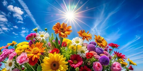 A beautiful bouquet of colorful flowers under the sun in a clear blue sky