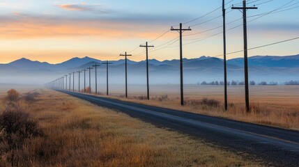 Row of electric poles along a rural road, with fields and mountains in the distance