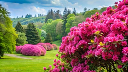 Canvas Print - Vibrant pink blooms on bush in front of lush green landscape with trees in background