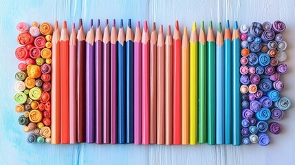 Wall Mural - 4. A whole view of colored pencils in various shades, including neon and muted tones, arranged on a soft blue backdrop with light grey wooden floor and gradient pastel accents, highlighting their