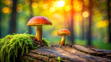 Vibrant forest scene with two mushrooms on weathered tree stump