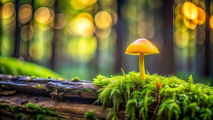 Poster - Vibrant image of a small yellow mushroom on mossy tree stump in lush forest setting