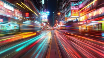 Poster - Speeding vehicles in downtown Hong Kong create a blur of lights and colors, with Chinese traffic road markings clearly visible.