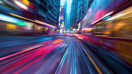 Poster - Speeding vehicles in downtown Hong Kong create a blur of lights and colors, with Chinese traffic road markings clearly visible.
