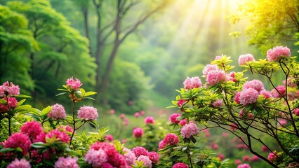 Wall Mural - Pink blooms cluster above lush forest, abundant in green foliage plants