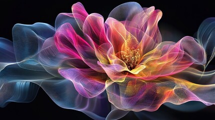 Aufkleber - Surreal 3D abstract flower with wavy biological lines and transparent materials in a blend of pink, purple, and yellow.